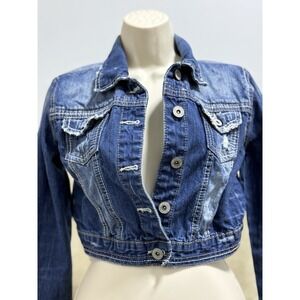 Rue21- Distressed Ripped Cropped denim‎ Juniors teens Jacket Y2K sz M Urban